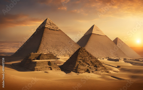 Ancient pyramids of Giza at sunrise  historic marvels  warm light  Cairo s outskirts