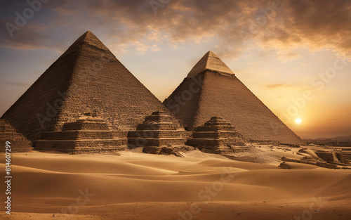 Ancient pyramids of Giza at sunrise  historic marvels  warm light  Cairo s outskirts