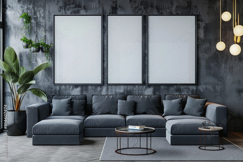 Mockup poster frame on the wall of living room. Luxurious apartment background with contemporary design. Modern interior design. 3D render, 3D illustration Mockup poster frame on the wall of living room. Luxurious apartment background with contemporary design. Modern interior design. 3D render, 3D illustration