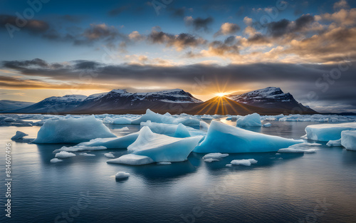 Bright blue icebergs of Jokulsarlon Glacier Lagoon, Iceland, cold beauty, stark contrast photo