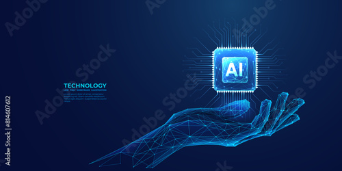AI Computer chip in abstract digital hand. Artificial Intelligence innovation concept. Tech background. CPU chip in top view with AI letters light blue hologram. 3D semiconductor. Vector illustration. (ID: 814607612)