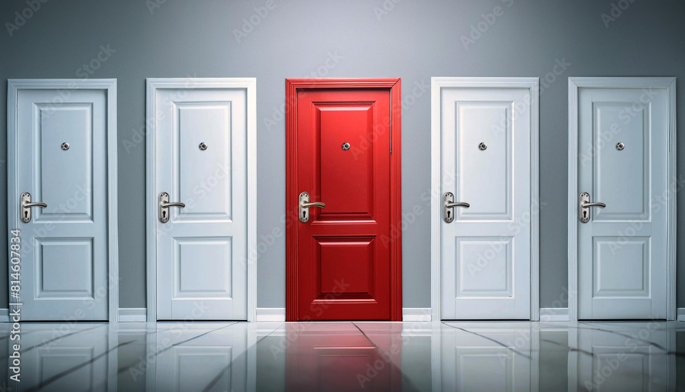 One single bright red door between four white doors against a gray wall and reflective floor. Standing out from the crowd, thinking outside the box, leadership and individuality concept. Generative Ai One single bright red door between four white doors against a gray wall and reflective floor. Standing out from the crowd, thinking outside the box, leadership and individuality concept. Generative Ai