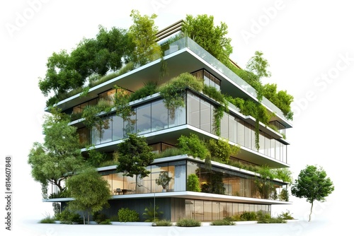 Modern Eco-Friendly Office Building Surrounded By Lush Greenery and Plants