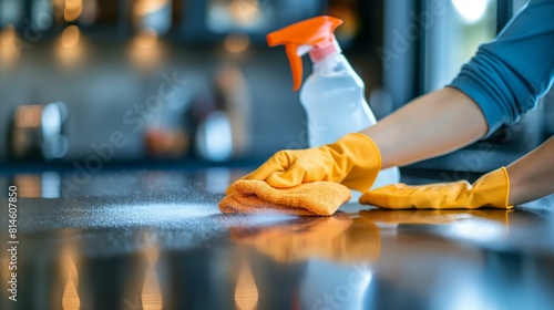 Woman Cleaning a Kitchen Counter with Gloves and Spray Bottle