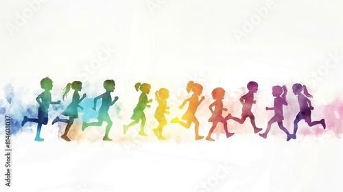 Colorful Silhouettes of Children Running in a Line
