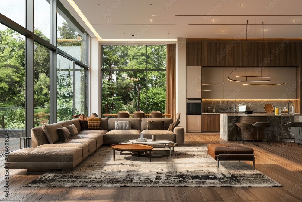 Modern contemporary style living room overlooking kitchen 3d render, There are wooden floor ,decorated with brown fabric furniture, large window overlooking nature view Modern contemporary style living room overlooking kitchen 3d render, There are wooden floor ,decorated with brown fabric furniture, large window overlooking nature view