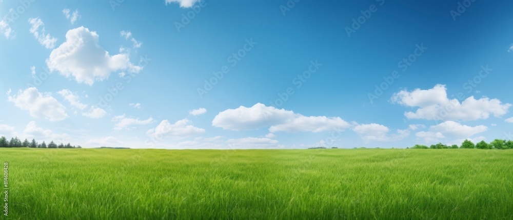 Green grass field and blue sky with clouds. Panoramic view. Green grass field and blue sky with clouds. Panoramic view.
