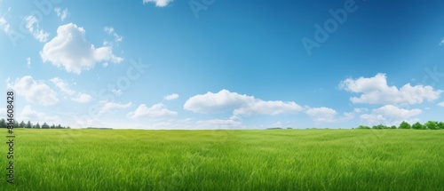 Green grass field and blue sky with clouds. Panoramic view.