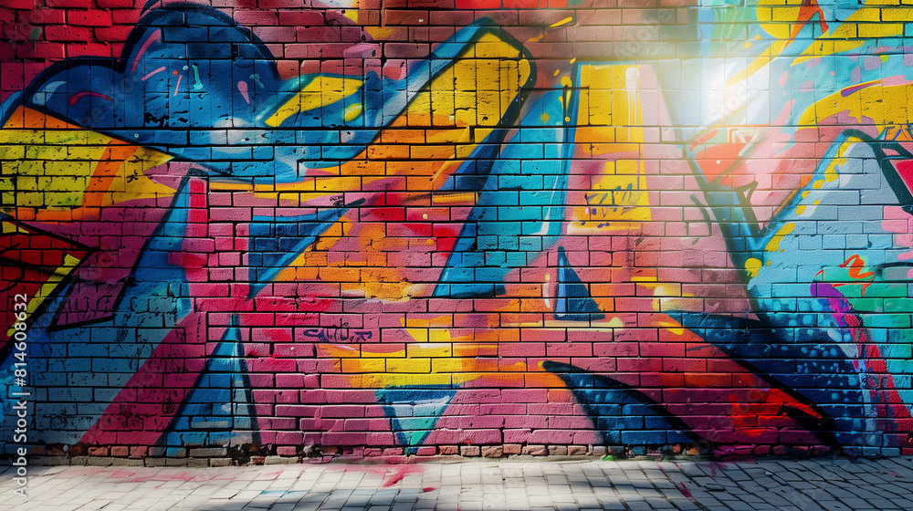 Fototapeta premium Grunge brick wall with colorful street art