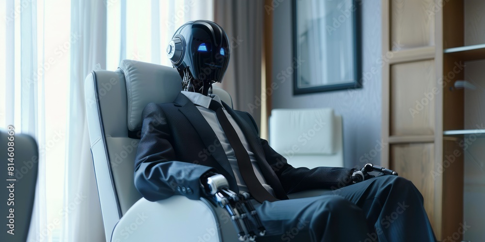 Detailed futuristic robot or cyborg in a suit sitting on a chair in an office. Detailed futuristic robot or cyborg in a suit sitting on a chair in an office.