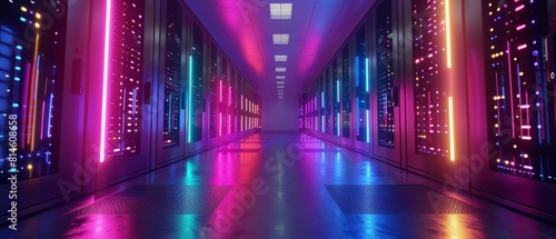 Artistic impression of a futuristic data center, where rows of network servers are lit by shifting rainbow LED lights, symbolizing data diversity