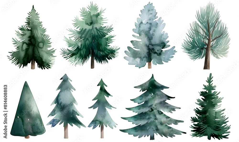 a set of watercolor pine trees , Generative AI a set of watercolor pine trees , Generative AI