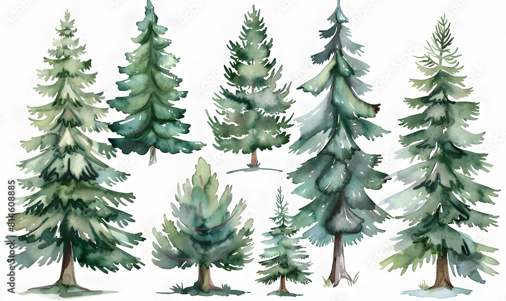 Fototapeta premium a set of watercolor pine trees , Generative AI