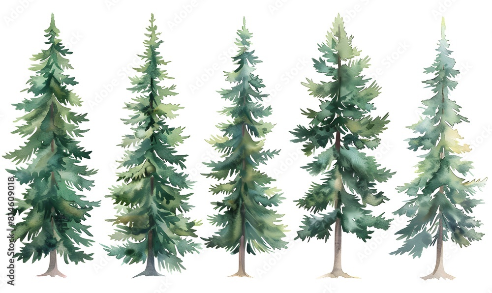 a set of watercolor pine trees ,  Generative AI