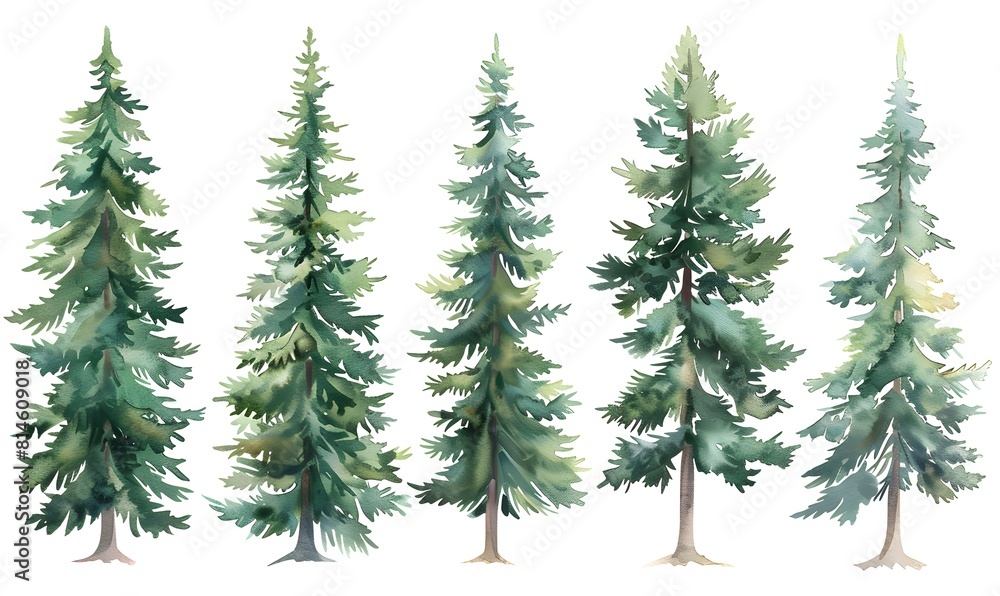 a set of watercolor pine trees , Generative AI a set of watercolor pine trees , Generative AI