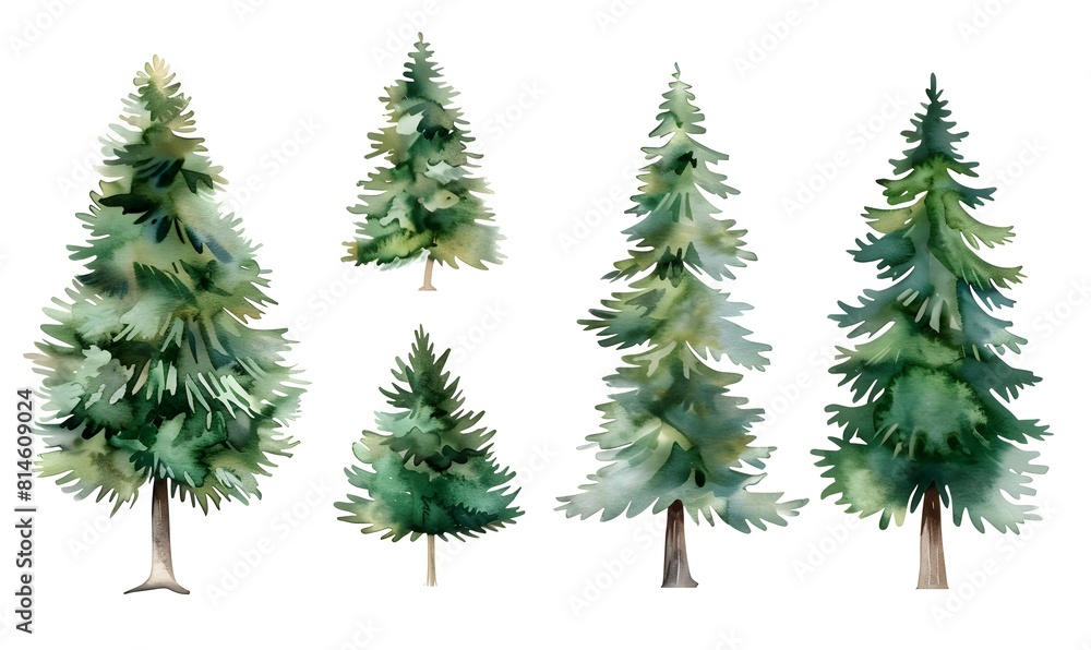 a set of watercolor pine trees , Generative AI a set of watercolor pine trees , Generative AI