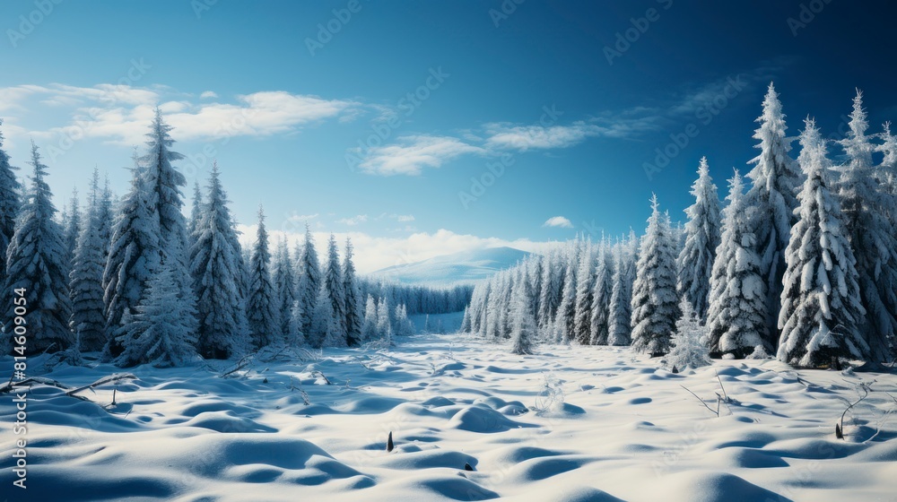 Fototapeta premium Winter landscape with snowy road in the forest. Panoramic view