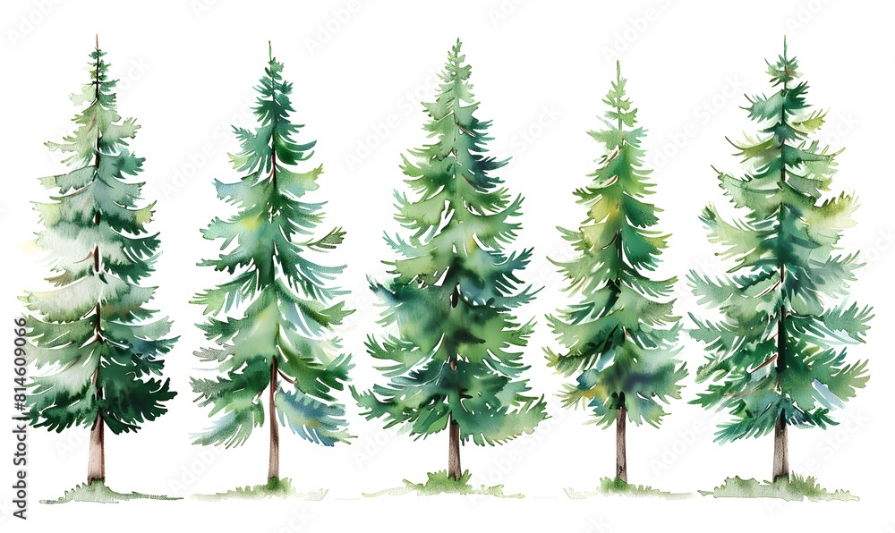 Obraz premium a set of watercolor pine trees , Generative AI