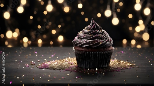 The attention-grabbing image of a cupcake covered with glitter on a tablecloth made of dark black instantly draws the observer into the joyful atmosphere. photo