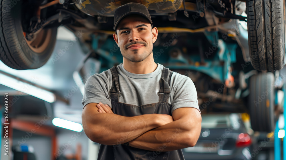 A mechanic standing under the car with his arms crossed A mechanic standing under the car with his arms crossed