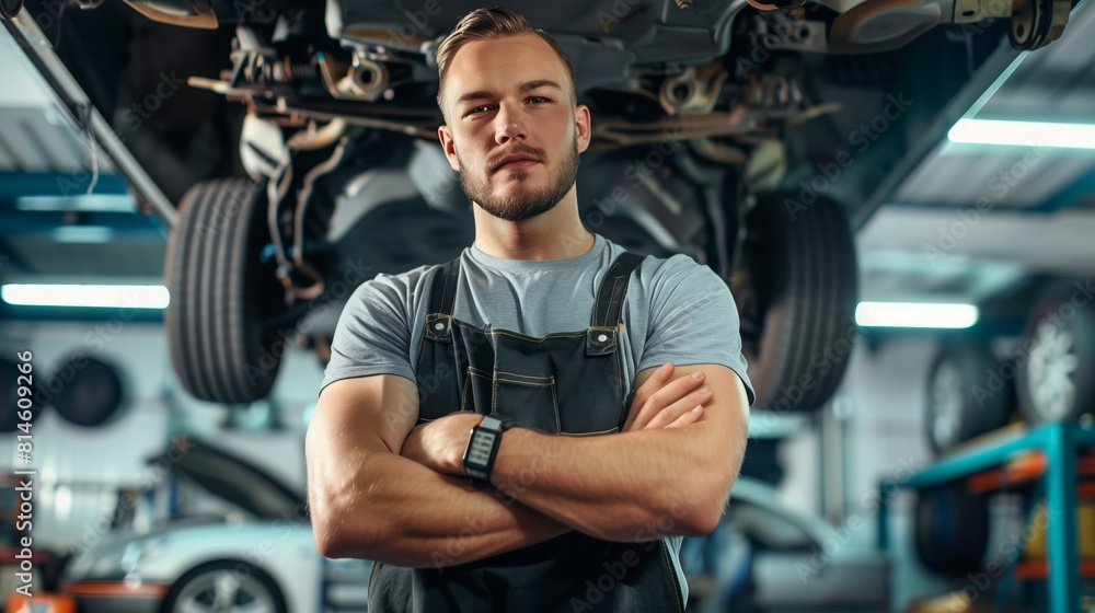 A mechanic standing under the car with his arms crossed A mechanic standing under the car with his arms crossed