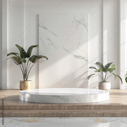 White marble podium with tropical plants on wooden floor. photo
