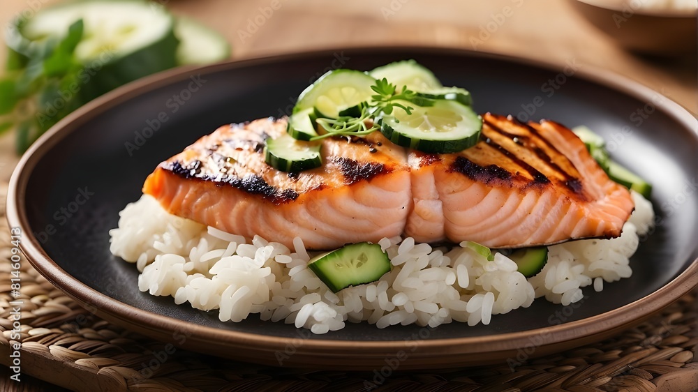 This combination of ingredients represents a confluence of culinary traditions: grilled salmon is a common choice in Western cuisine, cucumber slices add a cool touch, and rice is a mainstay in many A This combination of ingredients represents a confluence of culinary traditions: grilled salmon is a common choice in Western cuisine, cucumber slices add a cool touch, and rice is a mainstay in many A