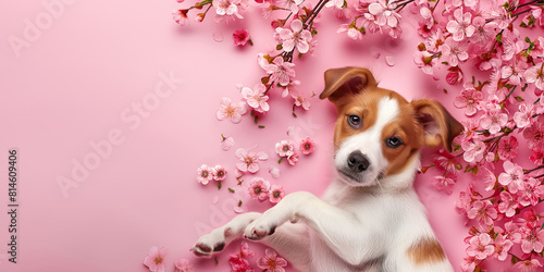 Cute and happy purebred jack russell terrier dog on a pastel pink floral background. Pet’s day and dog’s day celebration greeting card. Copy space funny background for animal’s day.