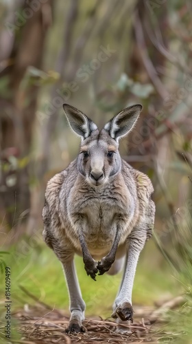Dynamic composition capturing the agility of a Western Grey Kangaroo as it navigates through the bushland  its lithe movements a testament to the resilience of Australian wildlife. 