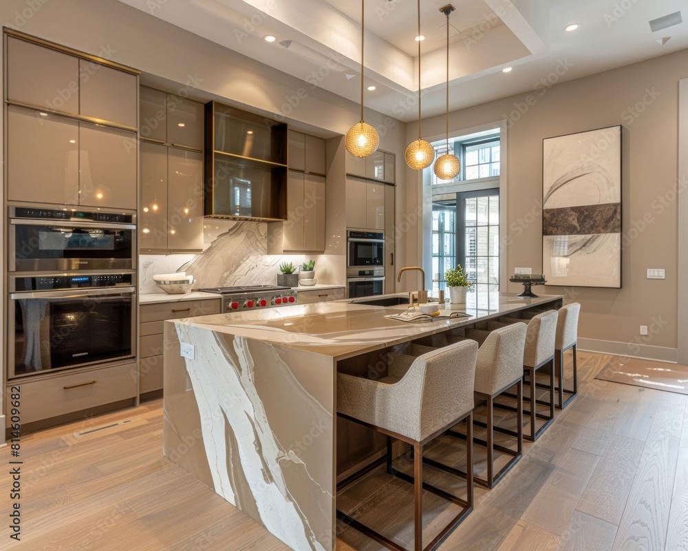 Functional kitchen with stylish touches and modern amenities, sharp focus, golden ratio composition Functional kitchen with stylish touches and modern amenities, sharp focus, golden ratio composition