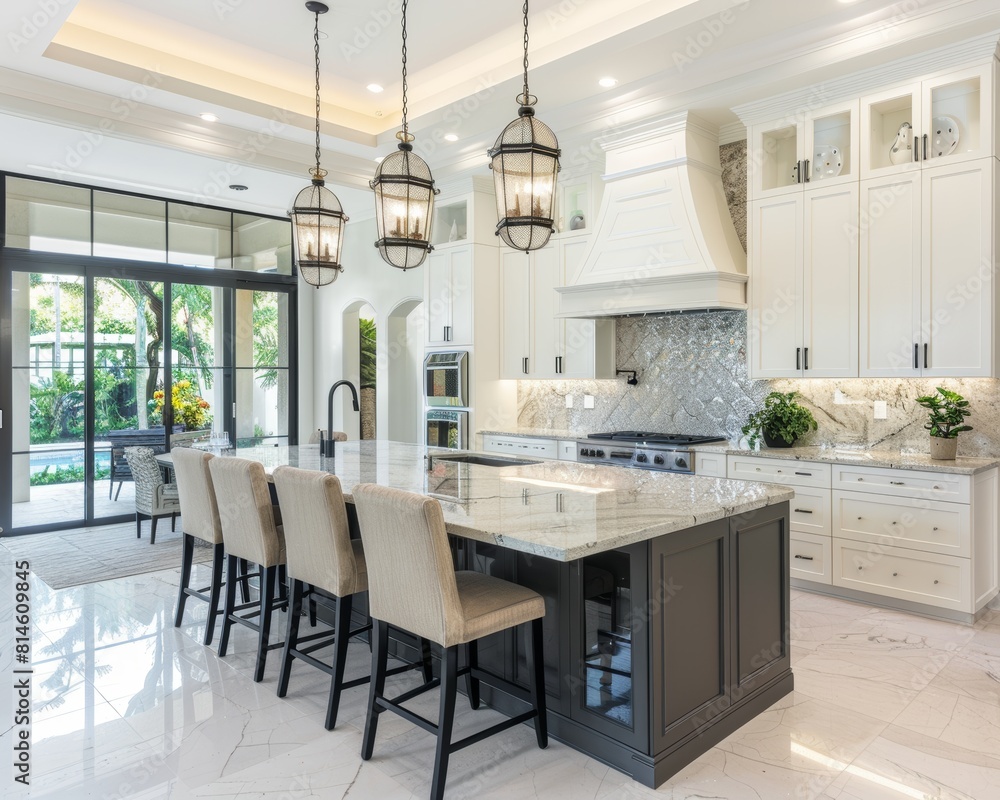 Fototapeta premium Luxurious kitchen with a large island and pendant lighting, sharp focus, golden ratio composition