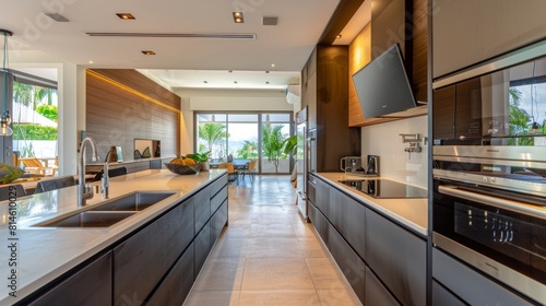 Modern kitchen with highend appliances and sleek design, sharp focus, golden ratio composition photo