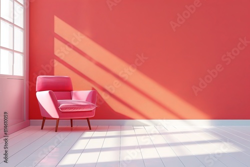 Modern mid century and minimalist interior of living room ,Living coral decor concept, vintage pink armchair with coral wall on white floor