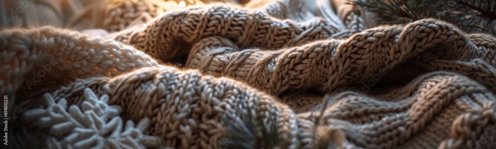 Close up of a knitted blanket with a pine tree. Banner Close up of a knitted blanket with a pine tree. Banner