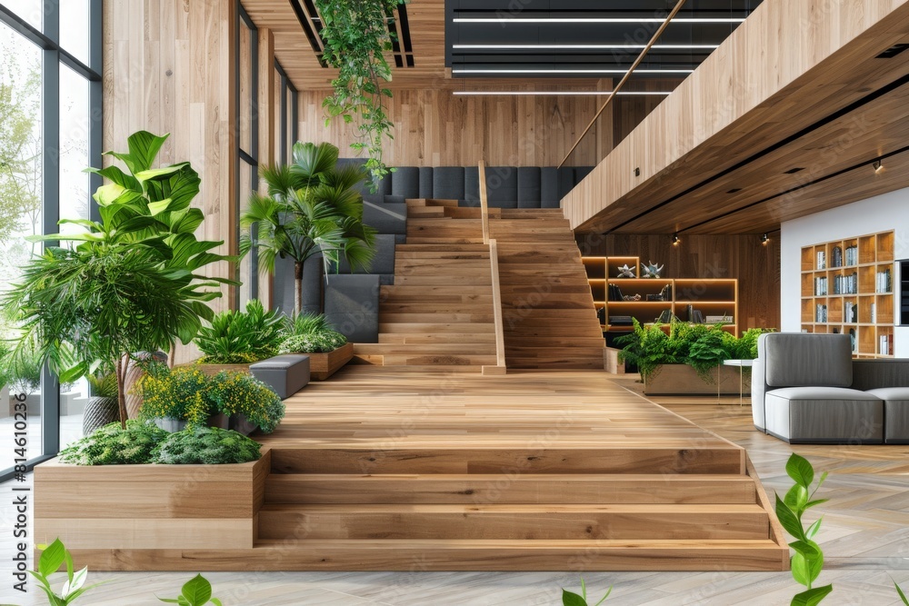 Modern Office Or Library Interior With Wooden Staircase, Plants And Waiting Area Modern Office Or Library Interior With Wooden Staircase, Plants And Waiting Area