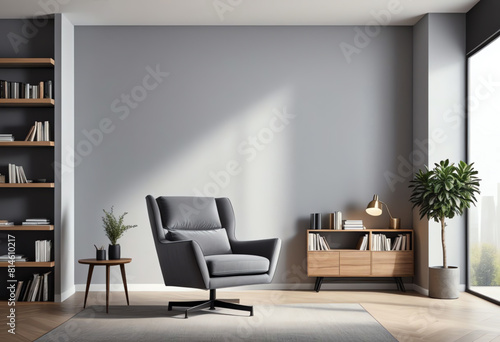 grey working room interior furniture with arm chair and book shelf