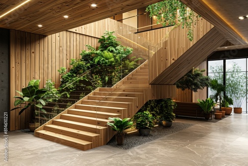 Modern Office Or Library Interior With Wooden Staircase, Plants And Waiting Area