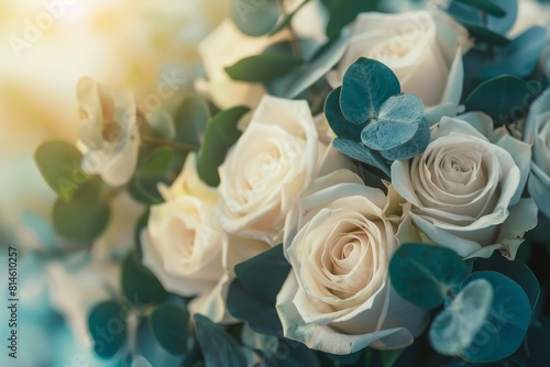 Elegant bouquet of fresh white roses with subtle blue eucalyptus leaves  depicting love and purity  ideal for romantic occasions. The pastel tones provide a serene and soothing visual experience