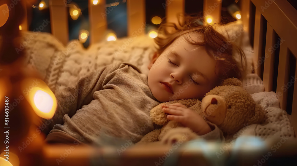 A baby peacefully asleep in a snug crib, exuding pure adorableness. Generative AI A baby peacefully asleep in a snug crib, exuding pure adorableness. Generative AI