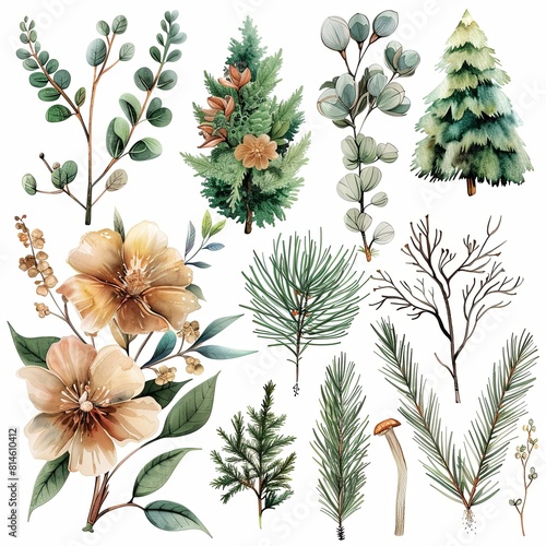 watercolor beautyful cute flower clip art set, pine trees, evergreen flower, archway clipart, neutral color palette, isolated on white background, high detail, in the style of hyperrealism