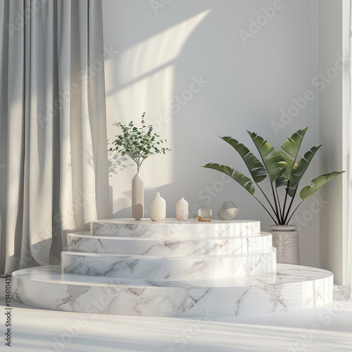 The image shows a white marble podium with three levels photo