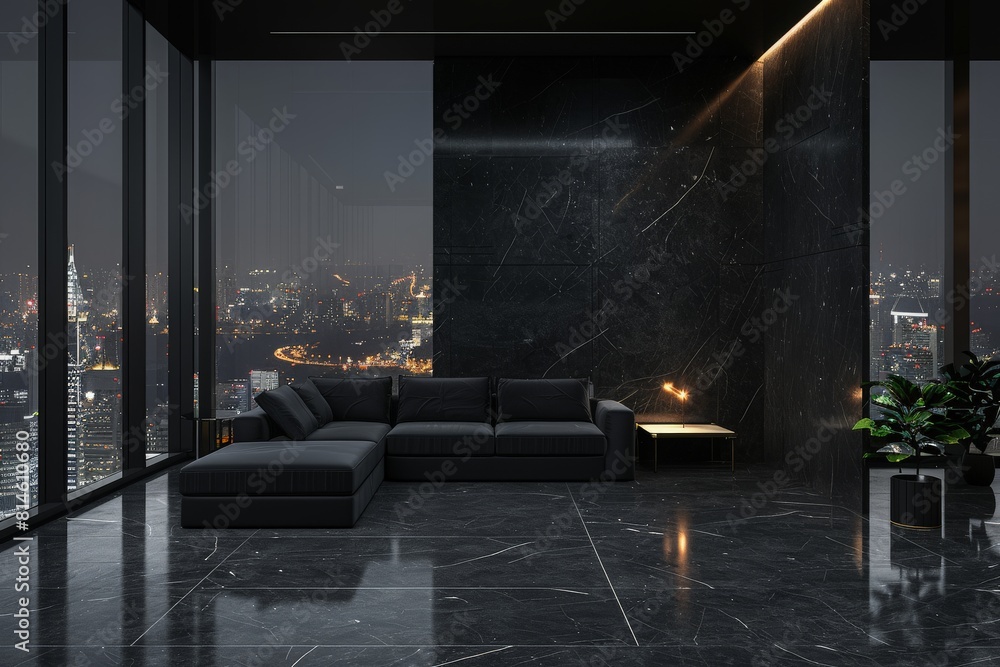 Modern style luxury black living room with city view in the night 3d