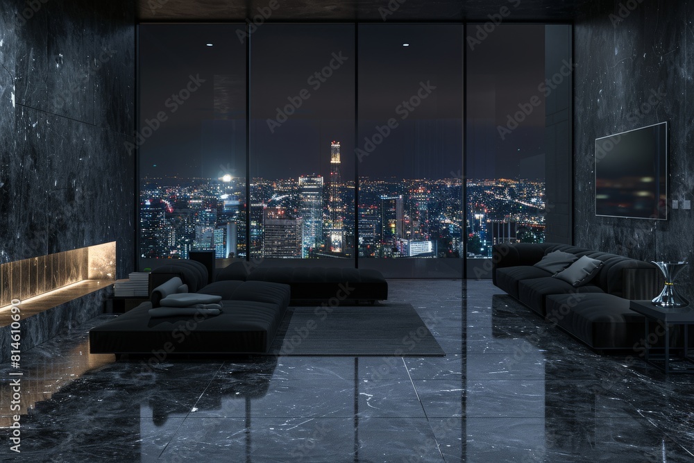 Modern style luxury black living room with city view in the night 3d