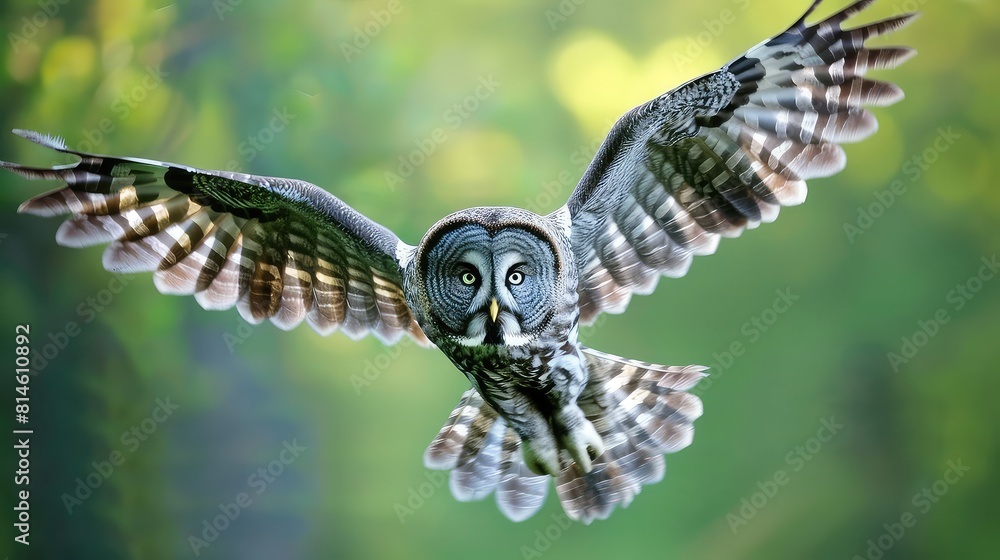 Φωτογραφία Majestic Great gray owl soaring gracefully in the soft morning light, its wings outstretched against a blurred bokeh green background, capturing the ethereal beauty of this rare bird of prey