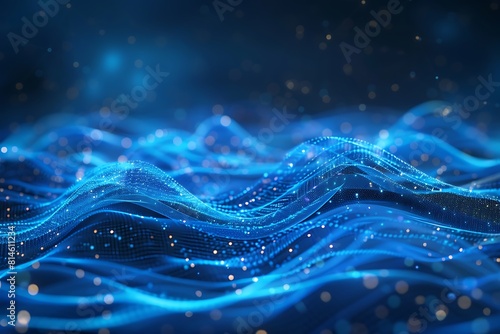 Abstract blue tech background with digital waves, dynamic network system, artificial neural connections, cyber quantum computing and electronic global intelligence