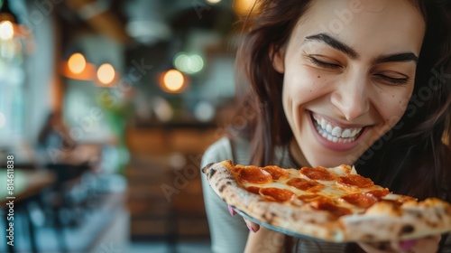 happy woman looking down and eating pizza slice with pears 