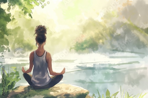 Tranquil illustration of a person meditating on a lakeside rock, surrounded by a serene natural setting © Татьяна Евдокимова