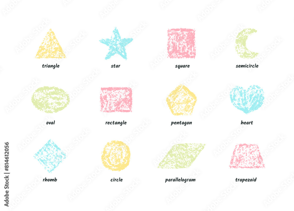 Fototapeta premium Crayon geometric frames. Pastel colored hand drawn circle, square, star, triangle, heart shapes. Vector chalk or pencil design elements. Best for kids style, invitation, texture, background