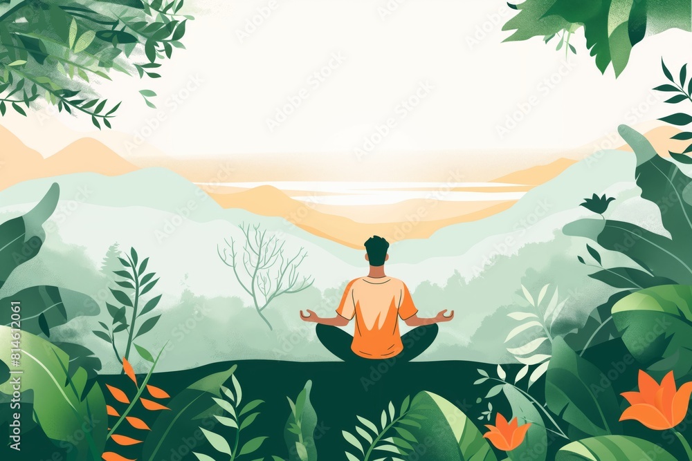 Illustration of a peaceful man meditating in the serene. Tranquil natural landscape. Surrounded by greenery. Foliage. And harmony. Promoting mental health. Wellness Illustration of a peaceful man meditating in the serene. Tranquil natural landscape. Surrounded by greenery. Foliage. And harmony. Promoting mental health. Wellness