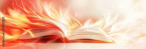 Open book with fiery abstract orange and yellow background suggesting dynamic movement or energy